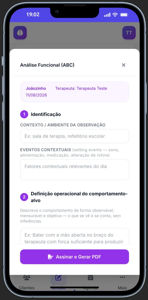 Formulário de análise funcional ABC no celular, com identificação e definição operacional do comportamento-alvo