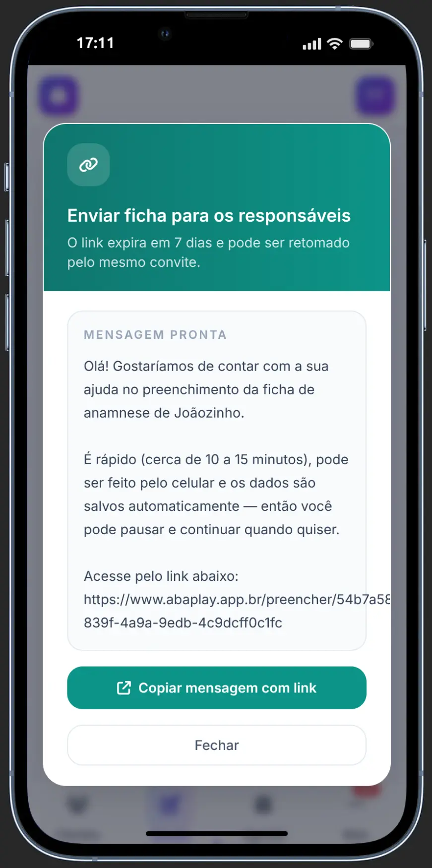Tela do ABAplay com o convite da anamnese pronto para enviar aos responsáveis por link