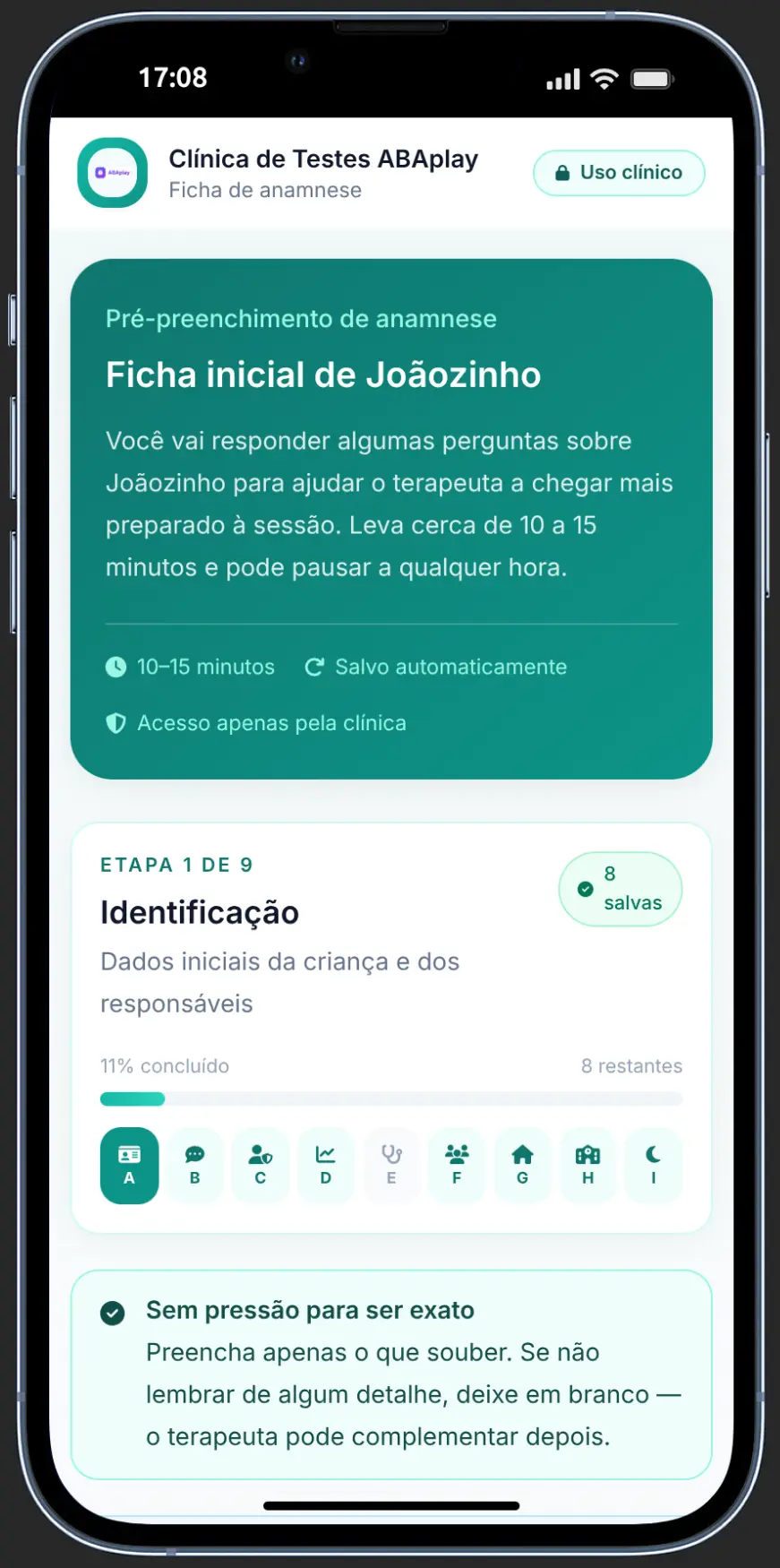 Início da ficha de anamnese digital do ABAplay no celular da família