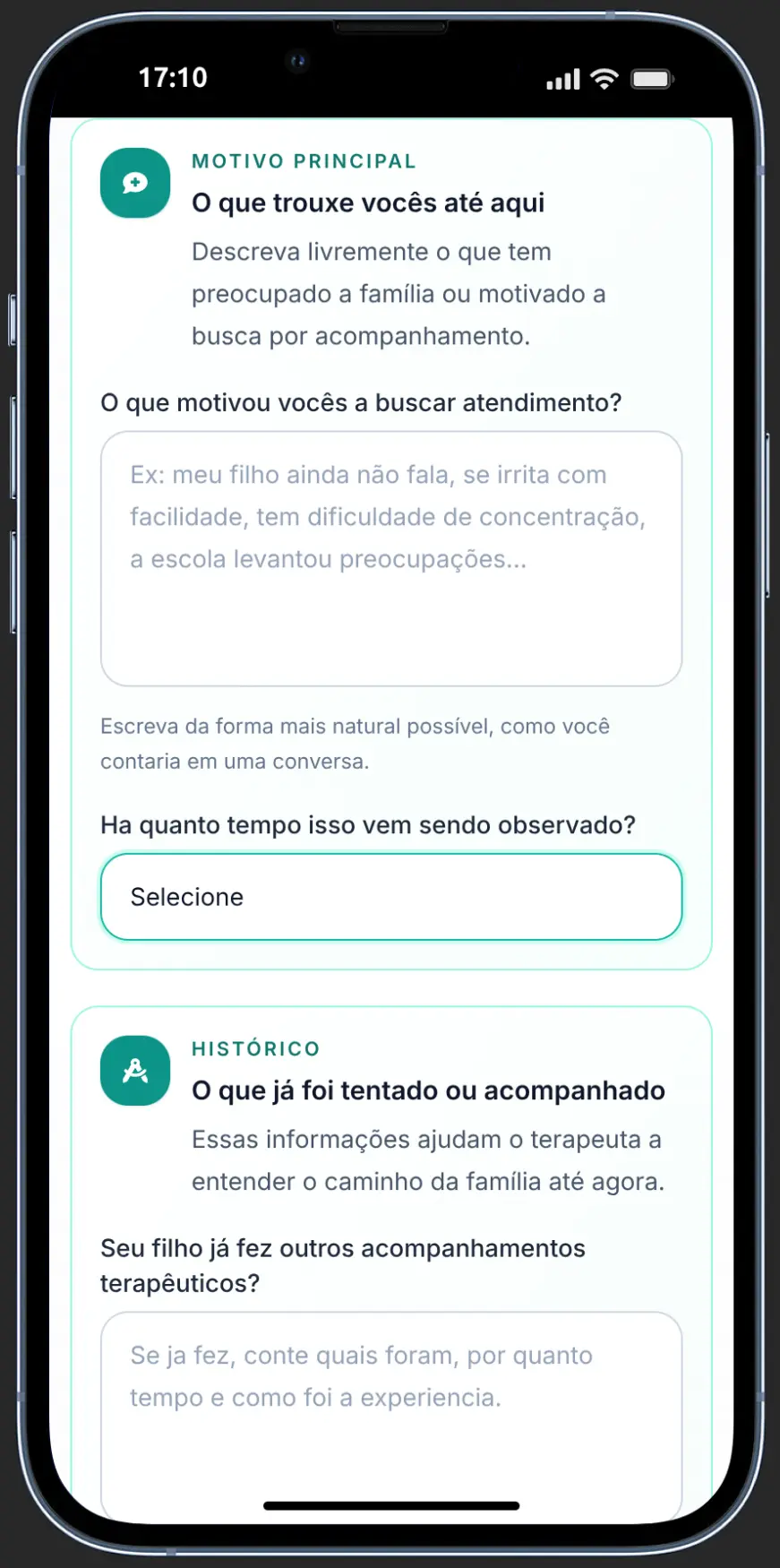 Bloco de queixa principal da anamnese digital com perguntas em linguagem acessível