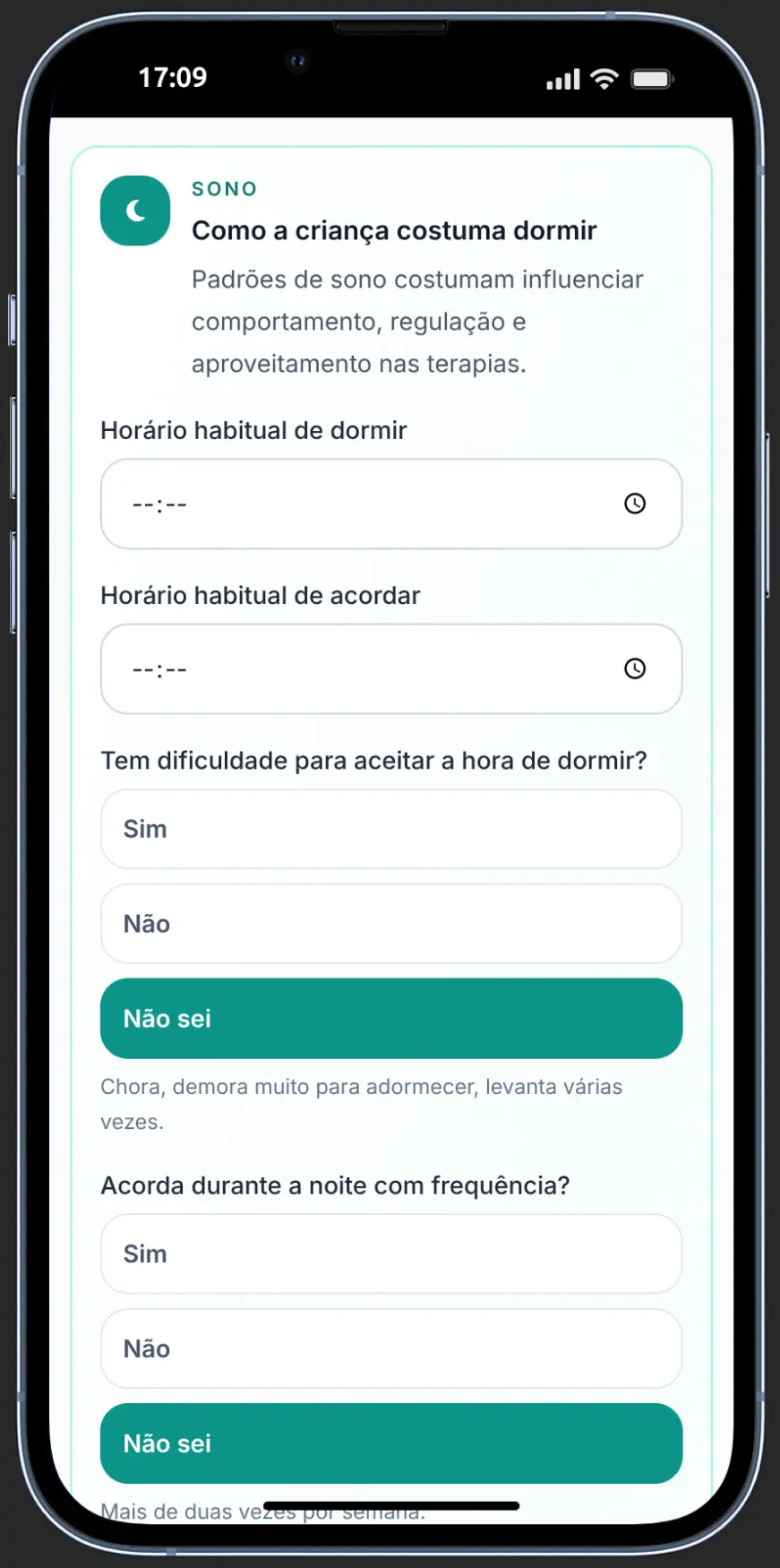 Bloco de sono da anamnese digital do ABAplay com respostas guiadas