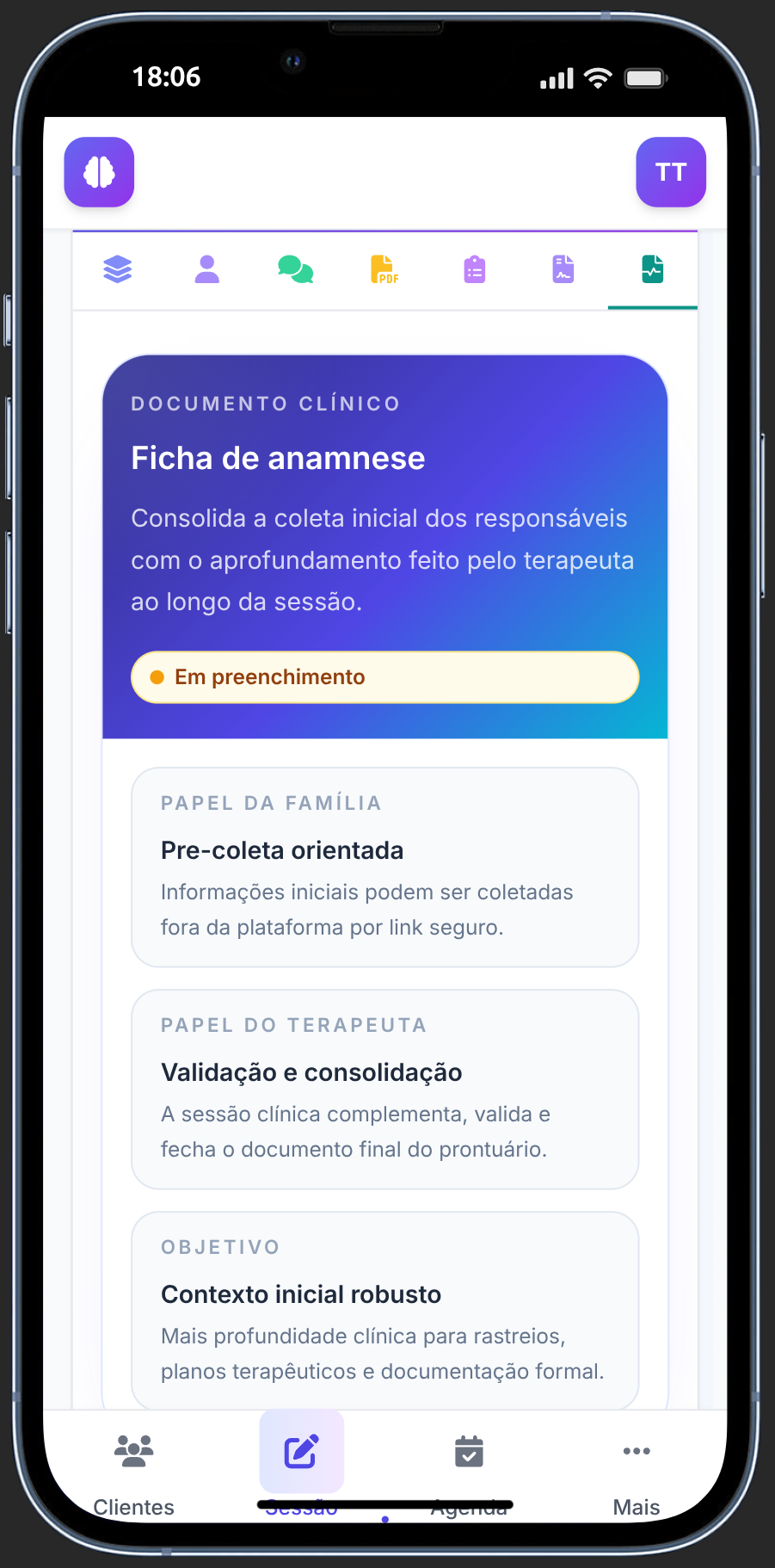 Tela da anamnese digital com ficha clínica e blocos estruturados
