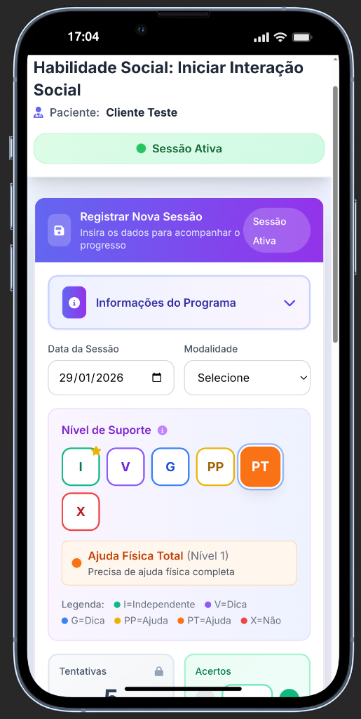 Tela de registro de sessão ABA com seleção de níveis de prompt e tentativas